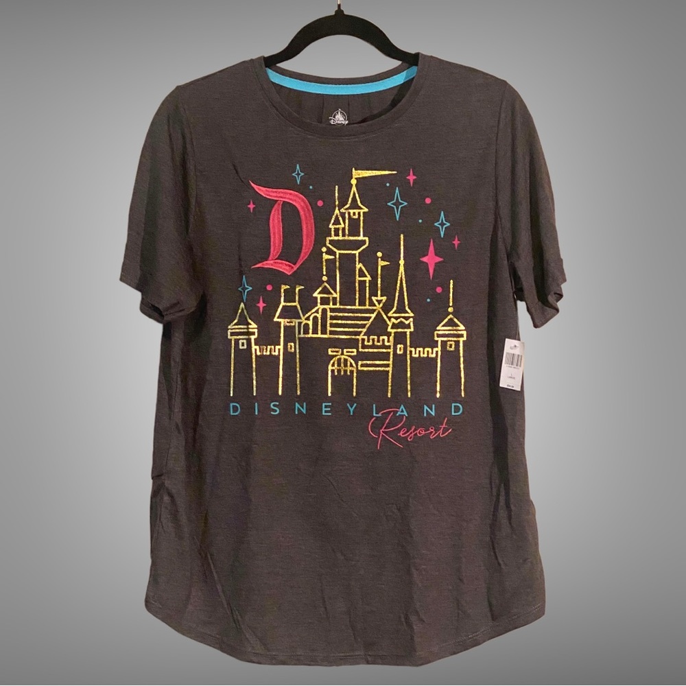 NWT charcoal Disneyland DLR tee with gold castle, twist sleeve, asymmetrical hem